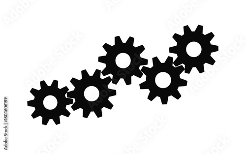 Five interlocking black gears on a white background