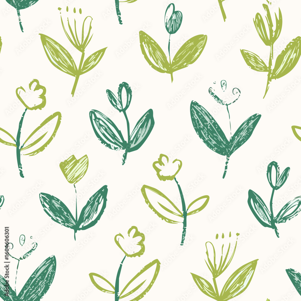 Seamless Hand-Drawn Floral and Leaf Pattern in Crayon Style Seamless Hand-Drawn Floral and Leaf Pattern in Crayon Style