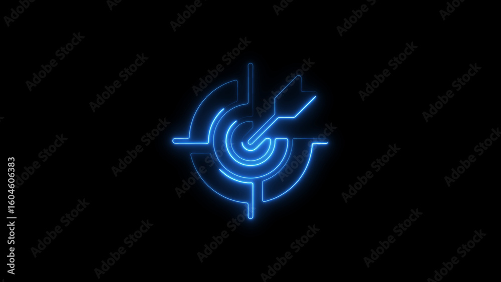 Fototapeta premium Illuminated neon target icon with arrow in the bullseye on a black background