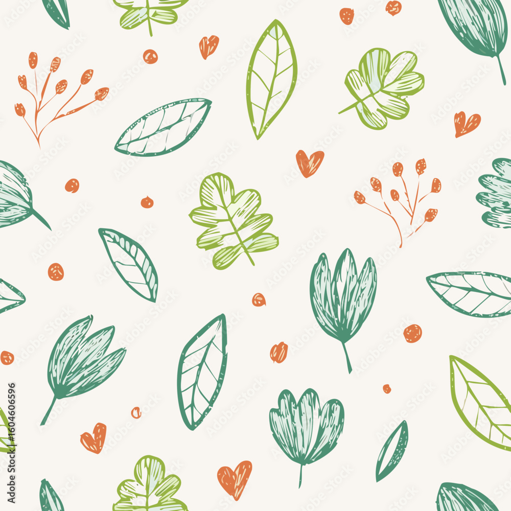 Seamless Hand-Drawn Floral and Leaf Pattern in Crayon Style Seamless Hand-Drawn Floral and Leaf Pattern in Crayon Style
