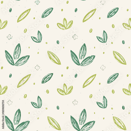 Seamless Hand-Drawn Floral and Leaf Pattern in Crayon Style