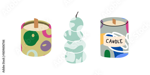 Cozy hygge scented candles stickers in retro cartoon style. Vintage wax candles in modern containers for room decor, poster, badges, labels. Aromatherapy concept. Doodle groovy vector candle shapes