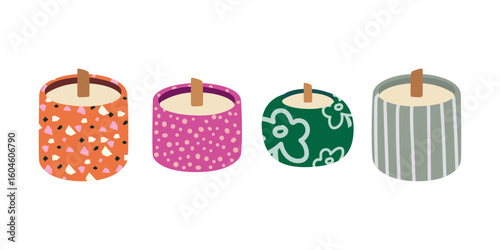 Cozy hygge scented candles stickers in retro cartoon style. Vintage wax candles in modern containers for room decor, poster, badges, labels. Aromatherapy concept. Doodle groovy vector candle shapes