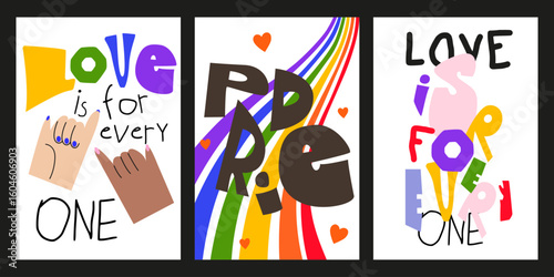 Pride Month. Modern LGBT cartoon groovy poster set in retro 90s style. Vector illustration for web banner, LGBT events, greeting card, invitation, postcard, flyer, social media