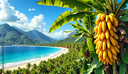 A large bunch of ripe yellow bananas hangs on a banana tree among green leaves. AI-Generated