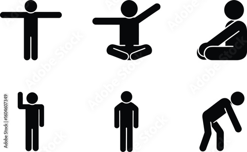 Human Body Pose Silhouette Icons – Stick Figure Positions Vector Set.
