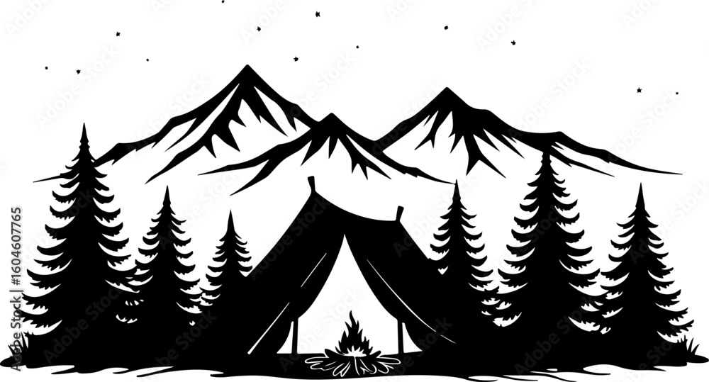 Obraz premium Mountain Camping Silhouettes: Adventure Under the Stars