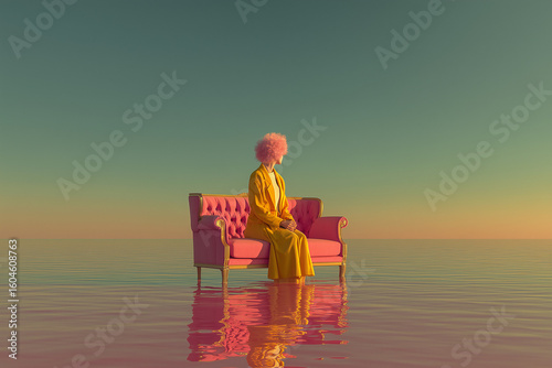 Woman wearing yellow coat, sitting on vintage pink couch