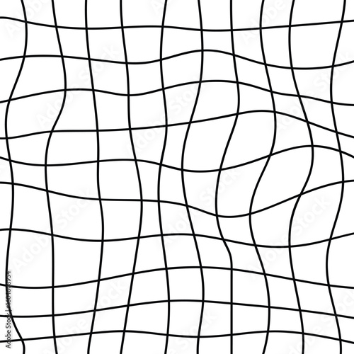 Groovy Checkered Seamless Pattern With Lilac Wavy Lines. Psychedelic Abstract Background in 1970s Retro Style.