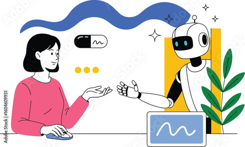 Ai healthcare solutions: woman interacting with robot for medical assistance online