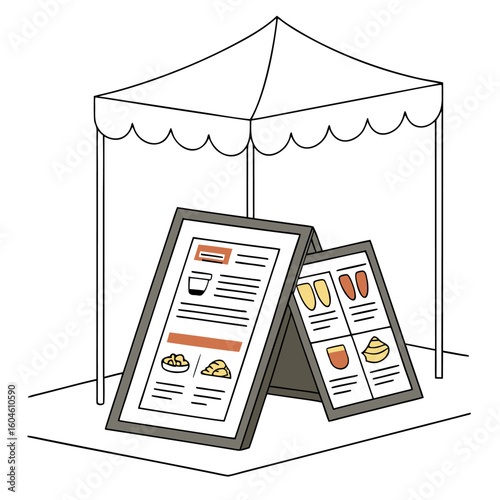 Outdoor food stall with menu boards and tent