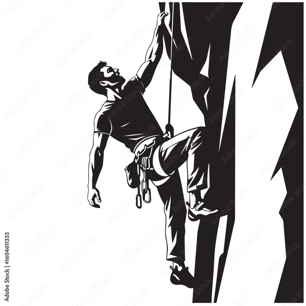 Fototapeta premium Black and white illustration of a rock climber scaling a cliff face, vector art
