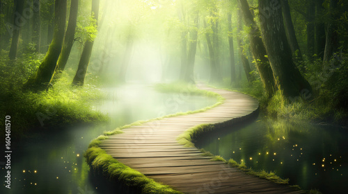 A wooden boardwalk meandering through a misty bayou. Fireflies glowing faintly.
