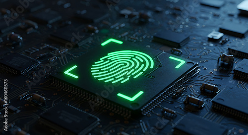 Green - Lit Fingerprint Recognition Chip on Dark Background