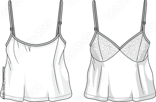 Women’s camisole vector, lace cups design, adjustable straps, loose fit, fashion technical drawing, apparel CAD sketch, flat vector illustration