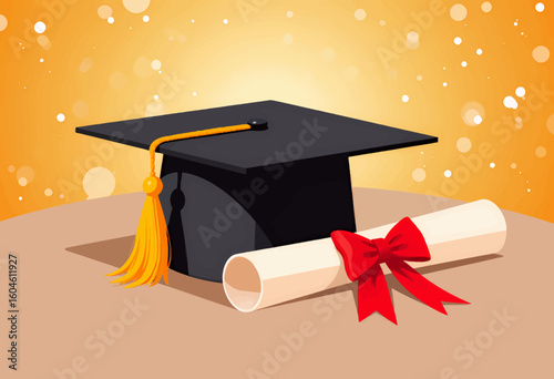 Celebratory Graduation Cap and Scroll with Golden Tassel and Red Ribbon