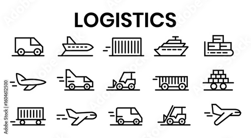 A clean and modern icon set depicting the essential elements of commercial transportation and logistics. Ideal for use in supply chain infographics, logistics dashboards, and distribution apps.