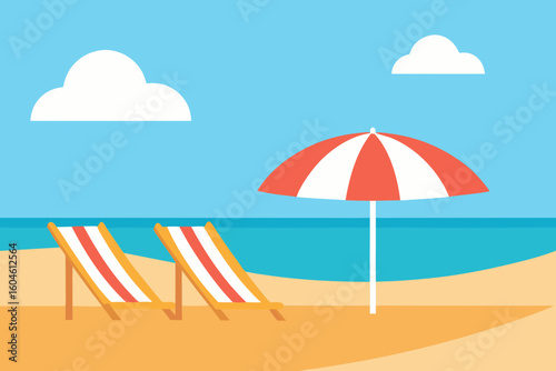 Relaxing beach scene with two deck chairs and umbrella