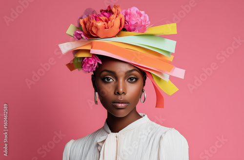A Black woman with colorful paper strips stacked on top of each other, with flowers on her head, against a pink background, in a minimalist style