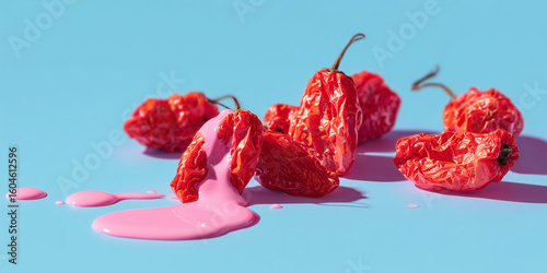 Dried Red Chili Peppers with Pink Liquid on Blue Background – Surreal Food Concept