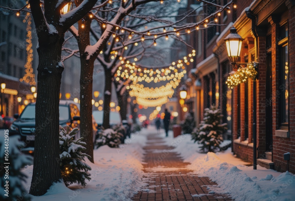 Obraz premium Snow-covered city street adorned with twinkling holiday lights