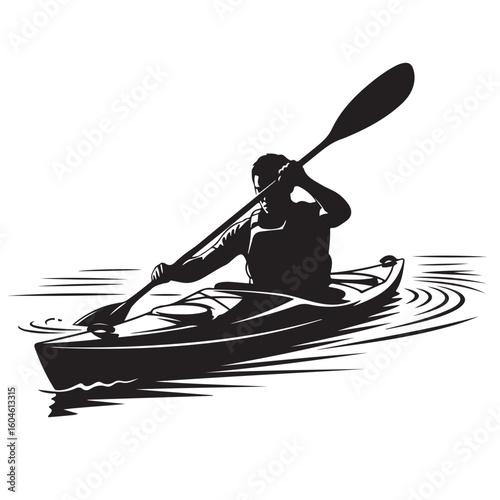 Black and white illustration of a kayaker paddling on water