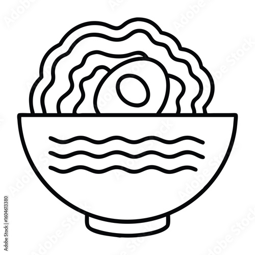 Simple Line Art Illustration of a Bowl of Noodles with Egg Topping Asian Cuisine