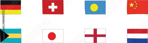 Collection of Eight International Country Flags in Flat Style