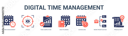 Digital Time Management Modern and clean web banner illustration featuring thematic icons for visual communication
