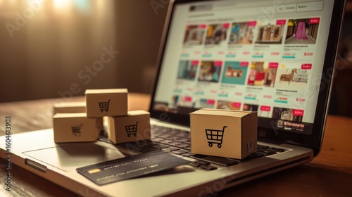 The online shopping experience with boxes and a credit card on a laptop.