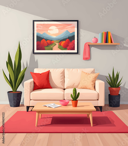 Cozy Living Room with Sunset Art and Red Accents