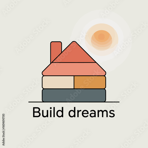 Stylized illustration of a colorful house constructed from stacked blocks symbolizing dreams and aspirations with a warm sun overhead