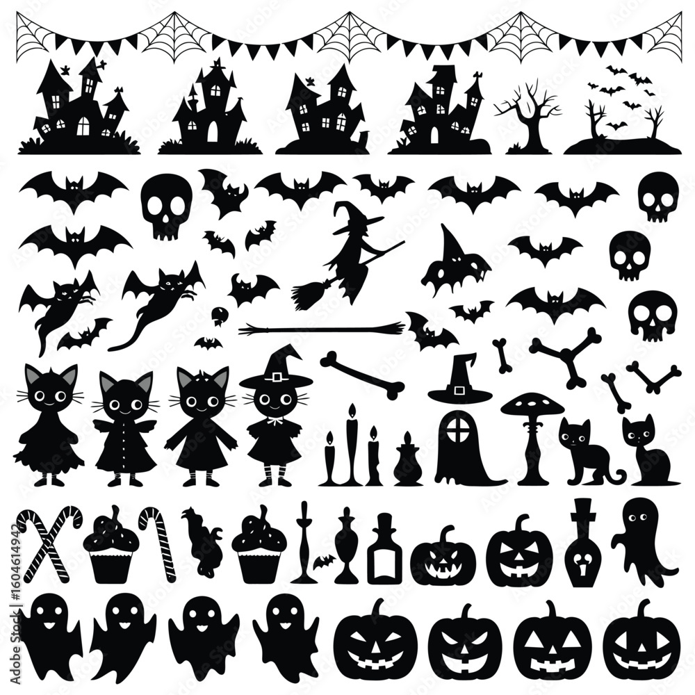 Fototapeta premium Set of halloween silhouettes black icon and character. Vector illustration. Isolated on white background.