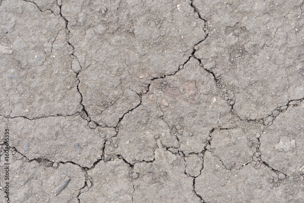 Fototapeta premium Close up view of cracked, dry earth surface with detailed texture patterns and natural colors.
