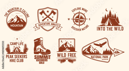 Set of outdoor adventure vector logos. Brown vintage style graphics with mountains, camping, and hiking elements for branding, t-shirt design, and nature themes.