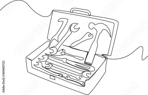 Continuous one line toolbox open with an adjustable wrench pliers hammer and other tools inside on a white background. Vector Illustration