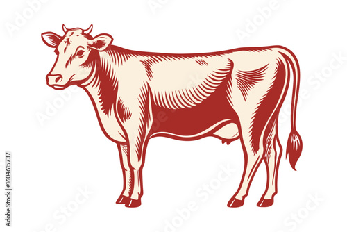 Vintage Style Dairy Cow Illustration in Red and Cream Colors Perfect for Farm Imagery and Product Design