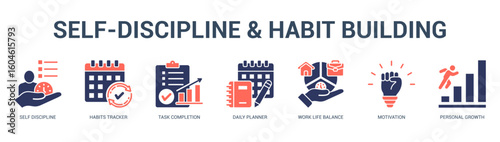 SelfDiscipline and Habit Building Modern and clean web banner illustration featuring thematic icons for visual communication