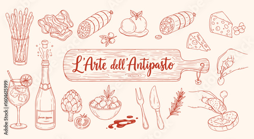 L'Arte dell'Antipasto vector illustration set. Hand drawn Italian appetizers and charcuterie board elements for restaurant, menu, and food design projects.