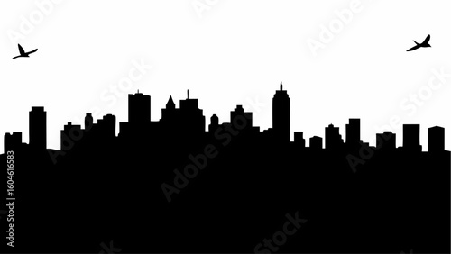 Silhouette of a city skyline with various buildings and two birds flying against a white background sky