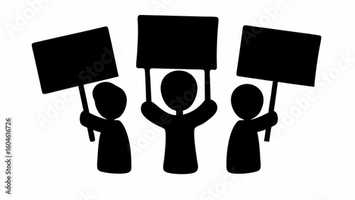 Three stylized figures in black silhouette holding up blank signs in a demonstration or protest scene