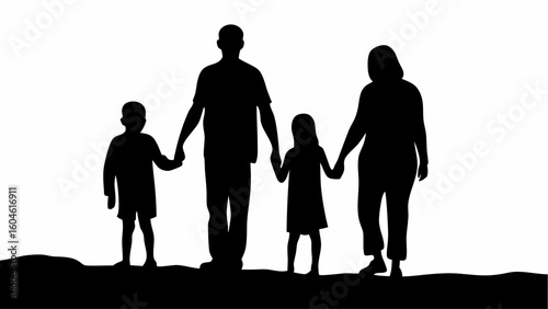Silhouette of a family with two children holding hands walking together in black and white illustration image