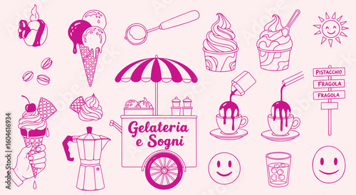 Italian Gelateria vector illustration set. Pink hand drawn doodle elements of ice cream, coffee, soft serve, and cart for dessert shop, menu, and summer design projects.