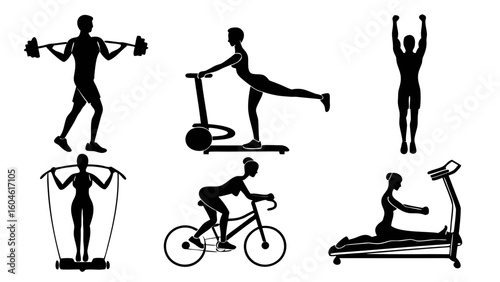 Fitness workout exercise gym training silhouette bodybuilding cardio activity sport lifestyle wellness transparent background