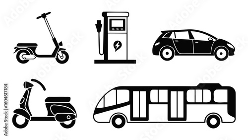 Sillhoutte Illustrations of electric scooter car bus and charging station for electric vehicles transportation mobility on transparent background