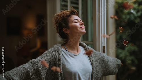 A woman with curly hair stands with eyes closed and arms open, taking a deep breath as leaves fall around her.