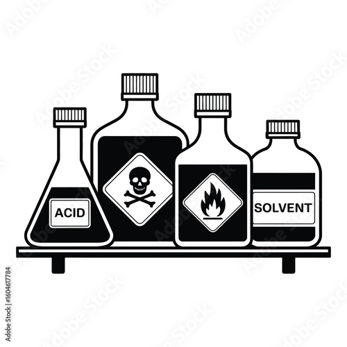 Chemical bottles on a shelf with hazard symbols in black and white