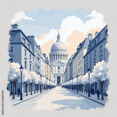 Illustrated Parisian Street with Dome Cathedral in Winter