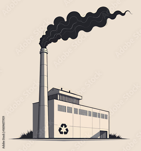 Industrial Factory with Recycling Symbol and Smoke Emission