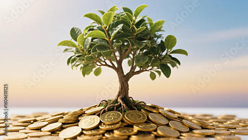 money tree growing from coins, symbolic image, bright background